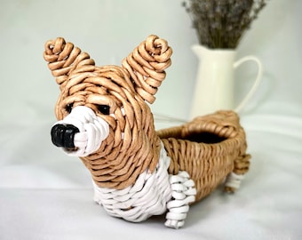 Charming Wicker Corgi Basket for Spices or Keys, Handmade item,  Woven home decor, Dog Lovers Gift, Pet Themed Decor