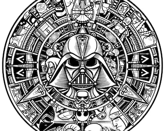 May include: Black and white circular graphic featuring Darth Vader's helmet at the center, surrounded by Star Wars characters and spacecraft. The design incorporates geometric patterns and stylized illustrations, resembling a Mayan calendar.