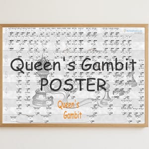 May include: A framed poster featuring a chess-themed design. The poster has a light wood frame and displays the text "Queen's Gambit POSTER" in a bold, black font. The background has a pattern of chess pieces and notations. The words "Queen's Gambit" are also written in orange.
