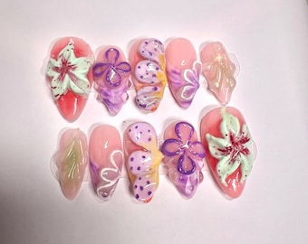 3Dロータスネイル | フラワーネイル | バケーションプレスオンネイル | アーモンドネイル | 3Dフラワーネイル | 彼女へのプレゼント | ホリデーネイル