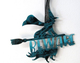 BEWARE Witch Sign, Small Sign, Halloween Sign, Flying Witch, Hanging Shaped Wood, Tole or Hand Painted, Orange, Purple, Teal or Green Sign