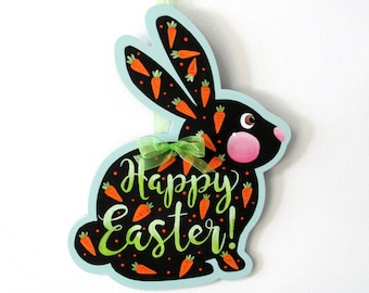 Happy Easter Bunny Sign, Orange Carrots,Bunny Shaped Wood Hanging, Tole or Hand Painted, Spring Sign, Green Wording, Bunny, Easter Bunny