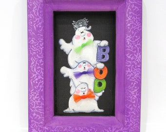 Stacked Ghosts, BOO Sign, Spider, BOO, White Ghost, Black Screening, Hand Painted, Handcrafted Frame, Screen Painting, Halloween Decoration