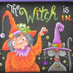 The Witch is in, Halloween Witch, Black Cat, Toad, Spider, Bubbles, Hand Painted, Reclaimed Wood Frame, Halloween Decoration, Halloween Sign image 8