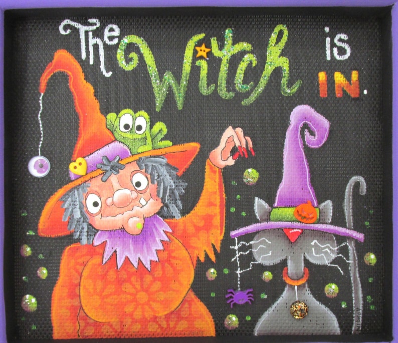 The Witch is in, Halloween Witch, Black Cat, Toad, Spider, Bubbles, Hand Painted, Reclaimed Wood Frame, Halloween Decoration, Halloween Sign image 8