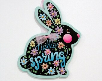 Hello Spring Bunny Sign, Colorful Flowers, Bunny Shaped Wood Hanging, Hand Painted, Spring Sign, Pink or Blue Wording, Bunny, Easter Bunny