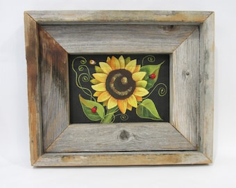 Single Yellow Sunflower, Lady Bugs, Green Leaves, Sunflowers, Yellow Bumble Bee, Hand Painted, Framed, Barn Wood Frame, Black Screen