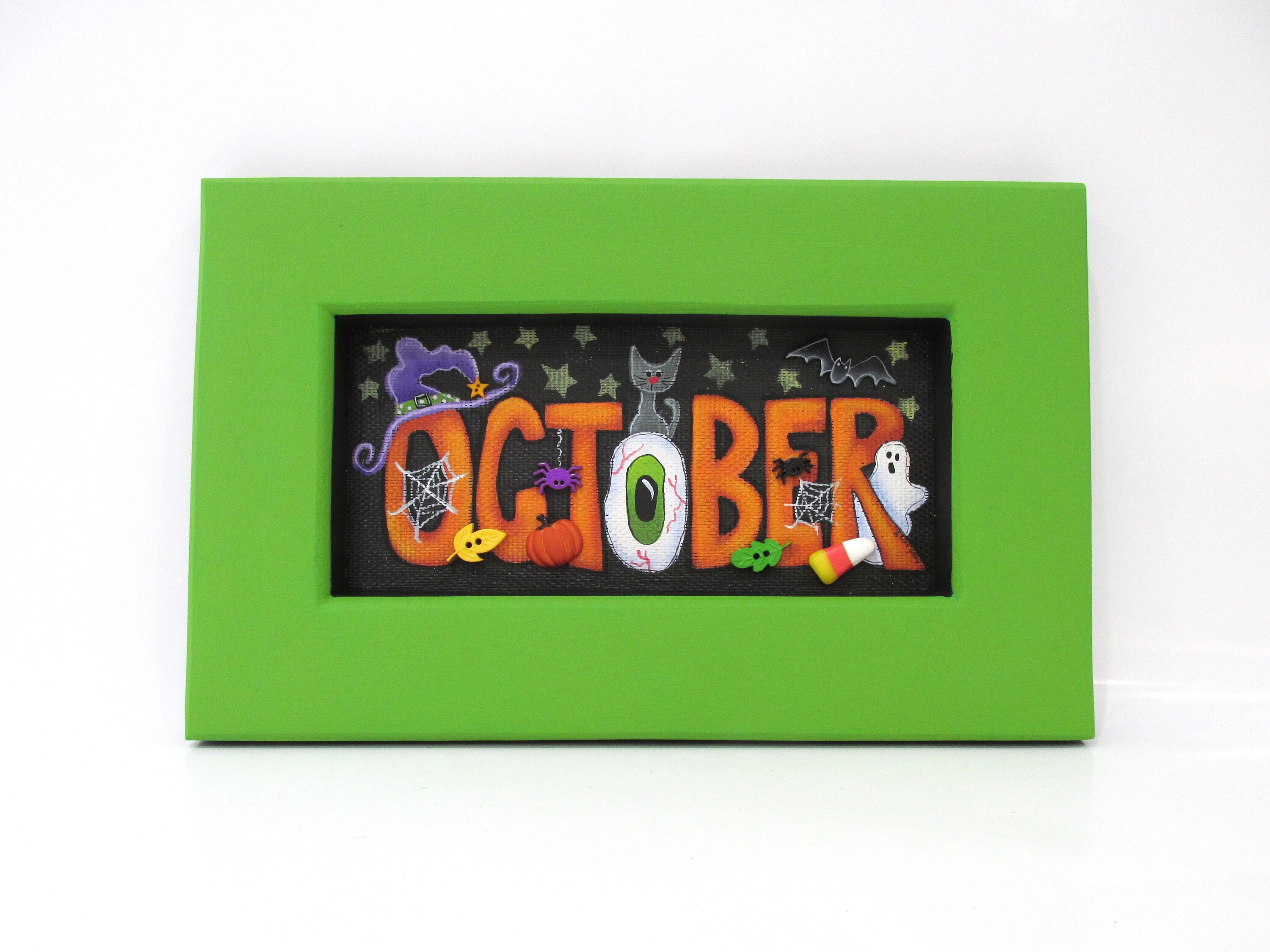 OCTOBER Sign, Halloween Sign, Ghost, Witch Hat, Cat, Bat, Pumpkin, Eyeball, Spiders, Hand Painted, Handcrafted Frame,Halloween Art,Halloween