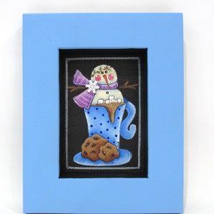 Snowman, Winter Cup, Chocolate Chip Cookies, Hot Cocoa, Marshmallows, Snowflakes, Hand Painted, Framed in Blues, Black Screen Art