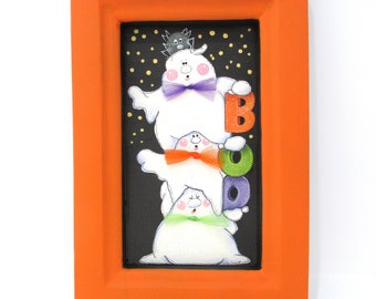 BOO Sign, Stacked Ghosts, Spider, BOO, White Ghost, Black Screening, Hand Painted, Handcrafted Frame, Screen Painting, Halloween Decoration