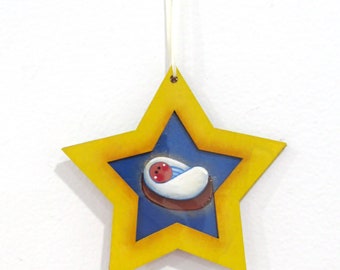 Gold Star Ornament, Nativity Ornament, Babe in Manger, Christmas Ornament, Add Photo Ornament, 3 Dimensional, Hanging Ornament, Hand Painted