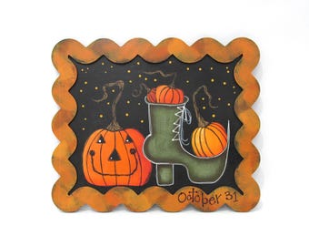 Halloween Witches Shoe and Pumpkins Sign, Framed in Shades of Orange, OCtober 31, Hand Painted, Happy Halloween Sign, Witches Shoe, Pumpkins