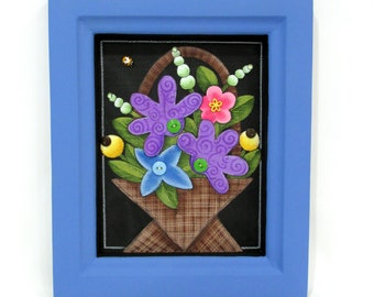 Colorful Flowers in a Basket, Folk Art Flowers, Brown Basket,  Bumble Bee, Handcrafted Wood Frame, Hand Painted,Black Screen,Acrylic Paint,