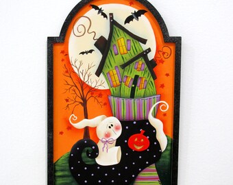 Ghost, Haunted House, Bats, Witches Shoe, Halloween, Jack-o-Lantern, Hanging Sign, Wood Cutout, Hand Painted, White Ghost, Halloween Sign