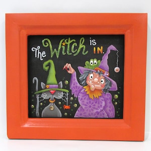 The Witch is in, Halloween Witch, Black Cat, Toad, Spider, Bubbles, Hand Painted, Reclaimed Wood Frame, Halloween Decoration, Halloween Sign image 2