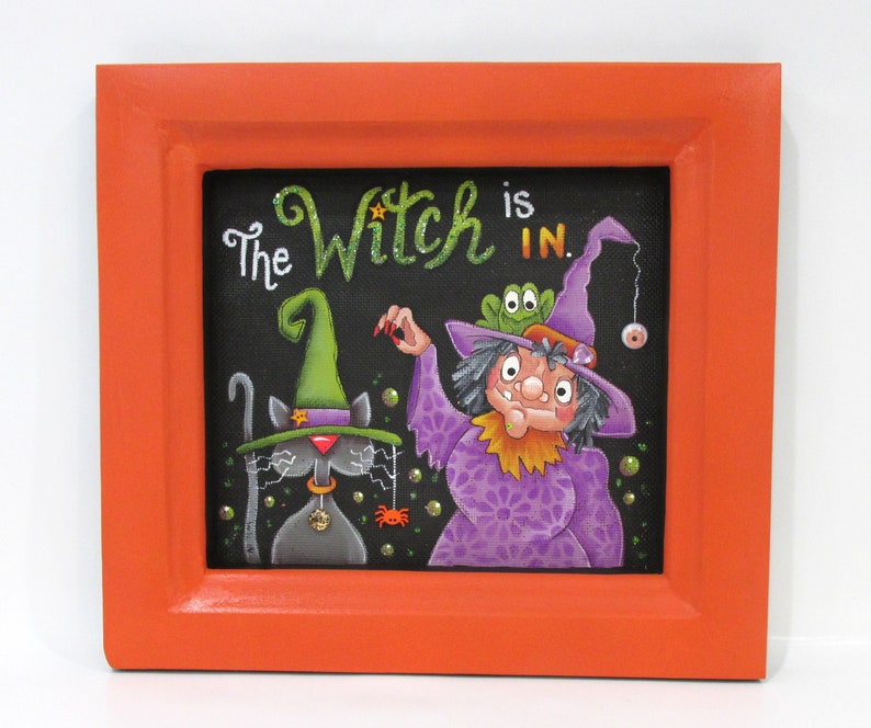 The Witch is in, Halloween Witch, Black Cat, Toad, Spider, Bubbles, Hand Painted, Reclaimed Wood Frame, Halloween Decoration, Halloween Sign image 2