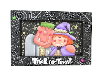 Frankenstein, Witch, Trick or Treat Sign, Halloween, Colorful Witch, Spiders, Spider Webs, Ghost, Cat, Halloween Decoration, Hand Painted