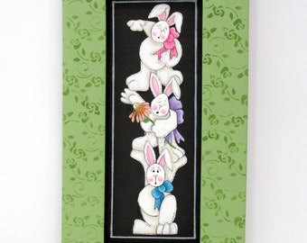 Three Stacked Bunnies, Bunnies, Rabbits, Colorful Flower, Hand Painted, Hand Crafted Frame,  Green Flowered Frame, Spring Art, Easter Sign