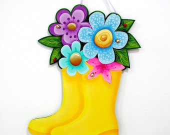 Colorful Flowers, Gardening Boots, Spring Sign, Bumble Bees, Lady Bugs, Gardening Sign, Hanging Sign, Framed Wood Plaque, Hand Painted