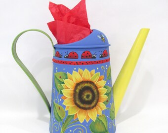 Sunflower Watering Can, Yellow Sunflowers, Green Leaves, Yellow Bumble Bees, Red Ladybug, Hand Painted Can, Metal Decorative Can