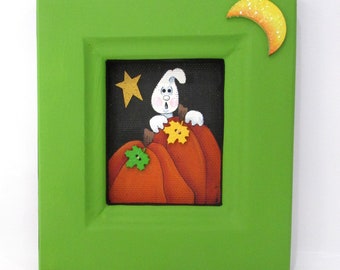 Hiding Ghost, Glitter Moon, Orange Pumpkin, Star, White Ghost, Black Screening, Hand Painted, Handcrafted Frame, Halloween Art, Halloween