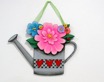 Watering Can with Flowers, Wall Hanging, Watering Can, Colorful Flowers, Flowers, Red Hearts, Lady Bug, Bee, Hand Painted, Garden Décor