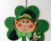Large Shamrock with Hand or Tole Painted Leprechaun Man hold Bunch of Shamrocks, St. Patrick's Day Wall Hanging Decoration, Leprechaun Man