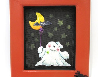 Whimsical Ghost, White Ghost, Jack-o-Lantern, Stars, Bat, Spider, Hand Painted, Handcrafted  Frame, Halloween Art, Halloween Decoration