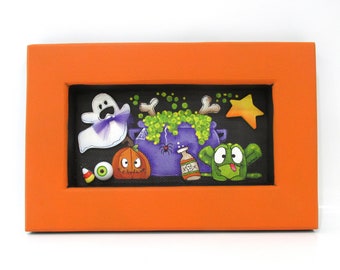 Witch's Supplies, Cauldron, Ghost, Jack-o-Lantern, Frog, Poison, Eyeball, Star, Hand Painted, Handcrafted Frame,Halloween Art, Black Screen