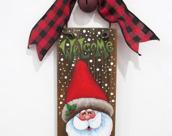 WELCOME, Santa Welcome Sign, Snowflakes, Holly, Jingle Bell, Hand Painted, Reclaimed Barn Wood, Rustic Barn Wood, Christmas Decoration