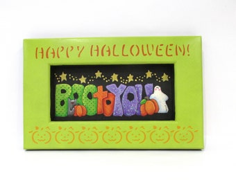 Boo to You, Halloween Sign, Jack-o-Lanterns, Hand Painted, Black Cat, Orange Pumpkin, Ghost, Handcrafted, Reclaimed Wood Frame, Halloween