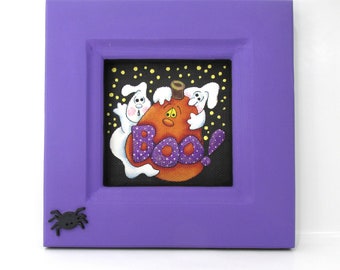 BOO Sign, Pair of Ghosts, Jack-o-Lantern, Pumpkin, BOO, Spider, Black Screening,Hand Painted,Handcrafted Frame,Painting,Halloween Decoration
