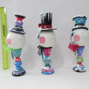 Fun Faced Standing Snowmen, Winter Snowman, Snowflakes, Red Cardinal, Colorful Bodies, Winter Ornament, Christmas, Hand Painted, Fun Gift image 6