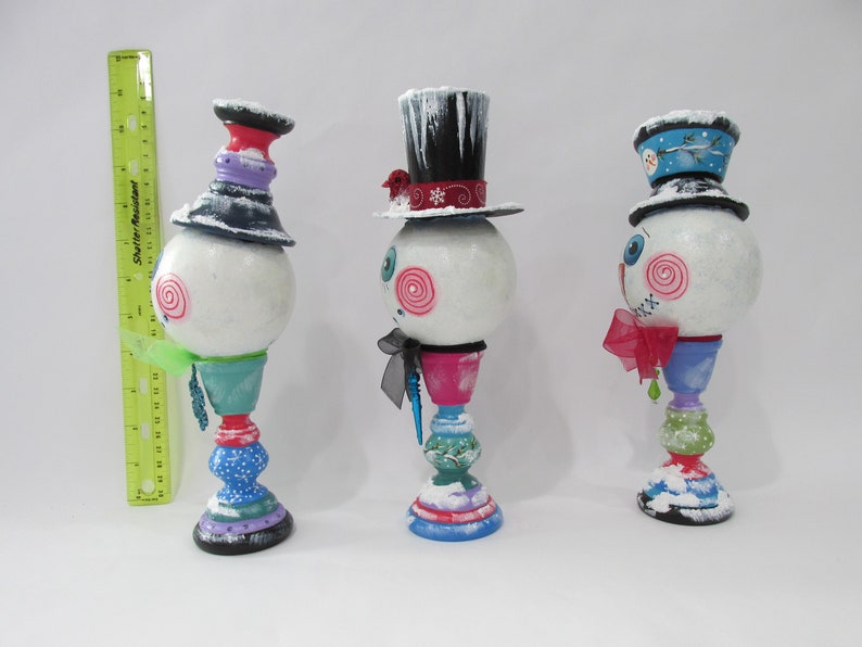 Fun Faced Standing Snowmen, Winter Snowman, Snowflakes, Red Cardinal, Colorful Bodies, Winter Ornament, Christmas, Hand Painted, Fun Gift image 6