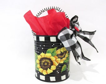 Sunflowers, Lady bug, Pencil or Pen Holder, Hand Painted Can, Yellow Sunflowers, Green Leaves, Recycled Can, Office or Craft Room Supply