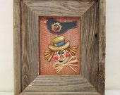 Tole Painted Scarecrow Man and Crow, Framed in Barn Wood, Burlap Background, Autumn Fall Scene, Black Crow, Button Sunflower, Scarecrow Man