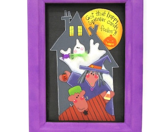 Squealing Feeling, Trick or Treat, Ghost, Witch, and Frankenstein with Haunted House, Halloween Sign, Hand Painted, Reclaimed Wood Frame