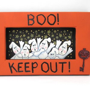 Boo!  KEEP OUT! Halloween Ghosts Sign, White Ghost, Tole Painted, Orange Frame, Halloween Sign, Hand Painted, Reclaimed Handmade Wood Frame