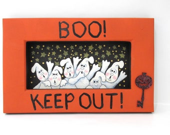 Boo!  KEEP OUT! Halloween Ghosts Sign, White Ghost, Tole Painted, Orange Frame, Halloween Sign, Hand Painted, Reclaimed Handmade Wood Frame