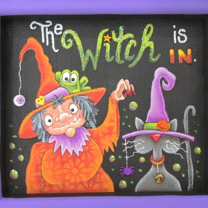 The Witch is in, Halloween Witch, Black Cat, Toad, Spider, Bubbles, Hand Painted, Reclaimed Wood Frame, Halloween Decoration, Halloween Sign image 5