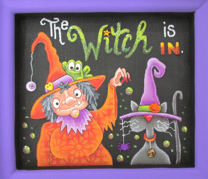The Witch is in, Halloween Witch, Black Cat, Toad, Spider, Bubbles, Hand Painted, Reclaimed Wood Frame, Halloween Decoration, Halloween Sign image 5