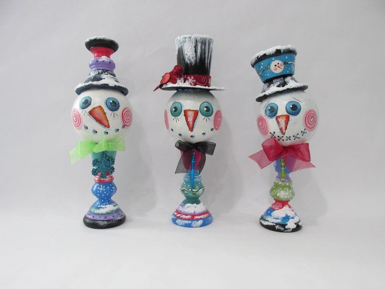 Fun Faced Standing Snowmen, Winter Snowman, Snowflakes, Red Cardinal, Colorful Bodies, Winter Ornament, Christmas, Hand Painted, Fun Gift image 1