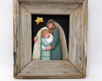 Christmas Nativity, Mary, Joseph and Baby, Yellow Star, Rustic Barn Wood Frame, Tole or Hand Painted, Reclaimed Barn Wood,Hand Crafted Frame