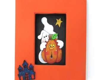 Scaredy  Ghost, Haunted Castle, Jack-o-Lantern, Star, White Ghost, Black Screening, Hand Painted, Handcrafted Frame, Halloween Art,Halloween