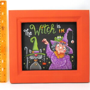 The Witch is in, Halloween Witch, Black Cat, Toad, Spider, Bubbles, Hand Painted, Reclaimed Wood Frame, Halloween Decoration, Halloween Sign image 3