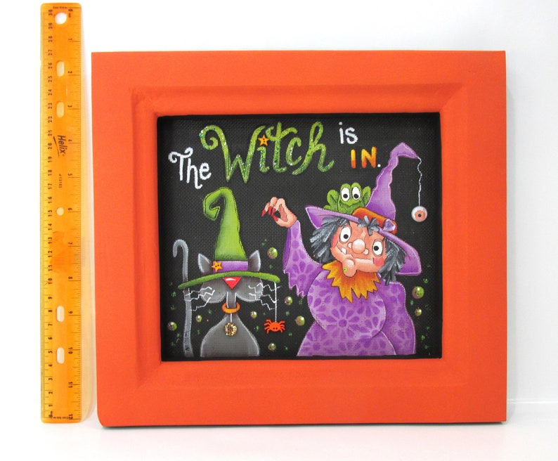The Witch is in, Halloween Witch, Black Cat, Toad, Spider, Bubbles, Hand Painted, Reclaimed Wood Frame, Halloween Decoration, Halloween Sign image 3
