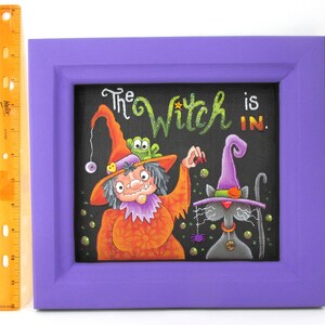 The Witch is in, Halloween Witch, Black Cat, Toad, Spider, Bubbles, Hand Painted, Reclaimed Wood Frame, Halloween Decoration, Halloween Sign image 4