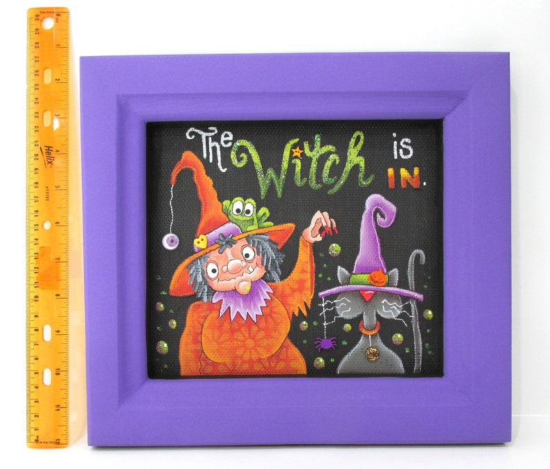 The Witch is in, Halloween Witch, Black Cat, Toad, Spider, Bubbles, Hand Painted, Reclaimed Wood Frame, Halloween Decoration, Halloween Sign image 4