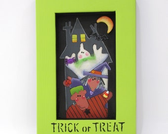 Trick or Treat Sign, Ghost, Witch, Spider, Candy Corn, Frankenstein, Bat, Haunted House, Halloween Sign, Hand Painted, Reclaimed Wood Frame