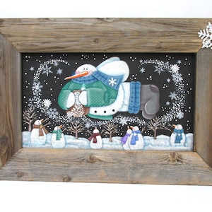 Flying Winter Snowman, Snow People, Folk Art Snowman, Snowflakes, Hand Painted, Reclaimed Barn Wood, Handcrafted Frame, Large Hanging Art